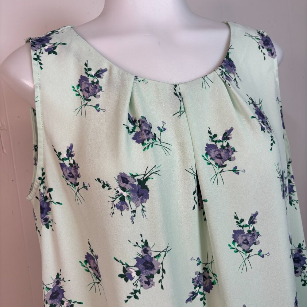 LOFT Tank Top Medium Mint Green Purple Floral Sheer Sleeveless Blouse Women's - Picture 2 of 13